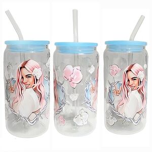 Karol G Cute Glass Tumbler Cup 16oz Pink Design